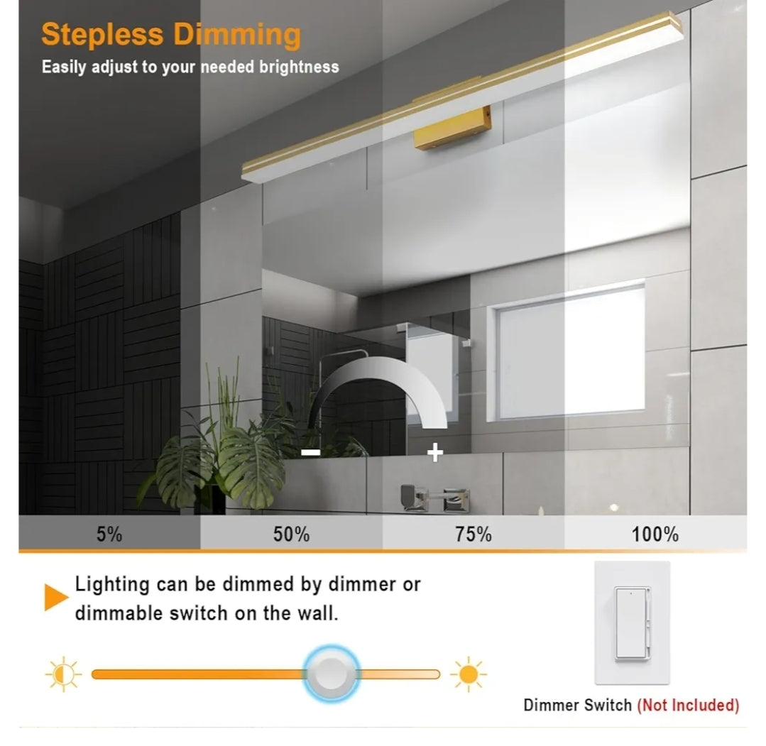SineRise LED Modern Bathroom Vanity Light Fixtures (48-Inch, 3000K/4000K/6000K, Dimmable), Gold Modern Acrylic Bathroom Wall Lighting Fixtures Over Mirror