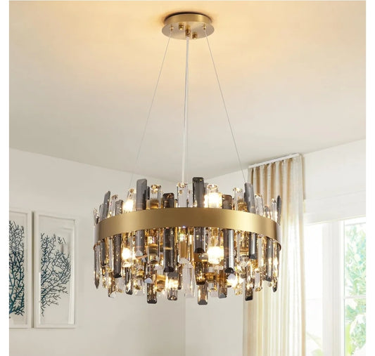 Siljoy 19.7'' Modern Crystal Chandelier, 12-Light Brass Gold Round Raindrop Chandelier Lighting, Luxury Adjustable Hanging Pendant Light Fixture for Living Dining Room Kitchen Island Bedroom Foyer