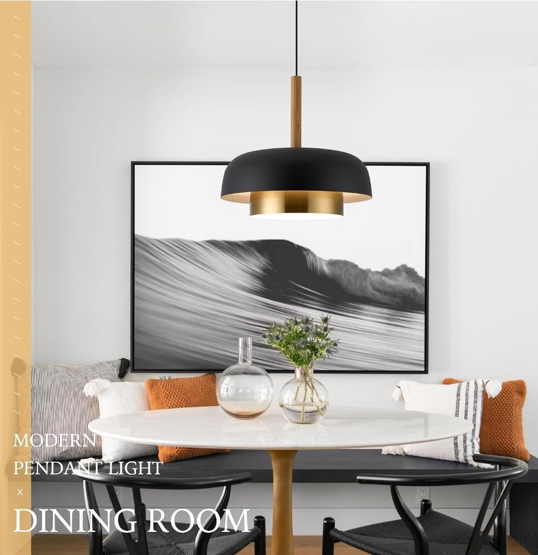 Mid Century Pendant Lighting,18.8 inch,2 Tiers,Raw Wood Accent,Black and Gold Modern Chandelier for Kitchen Island, Dining Room, Living Room