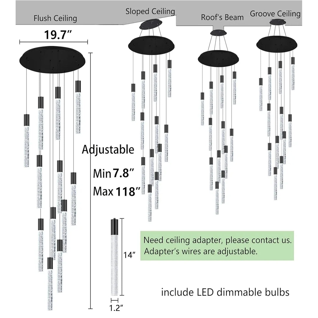 118" High Ceiling Chandelier Linear Crystal Pendants, Remote Dimmable, Compatible Sloped Ceilings, 12-Light Matte Black, 60 Watts LED, 4800 Lumens