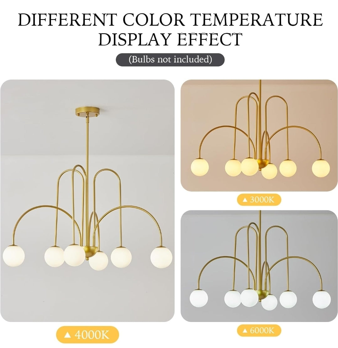 30" Mid Century Arch Chandelier, Large Modern Pendant Light Fixtures with Milk Glass Globe Shades Antique Brass Brush Paint Finish for Dining Room, Kitchen Island, Foyer, Living Room 6-Light