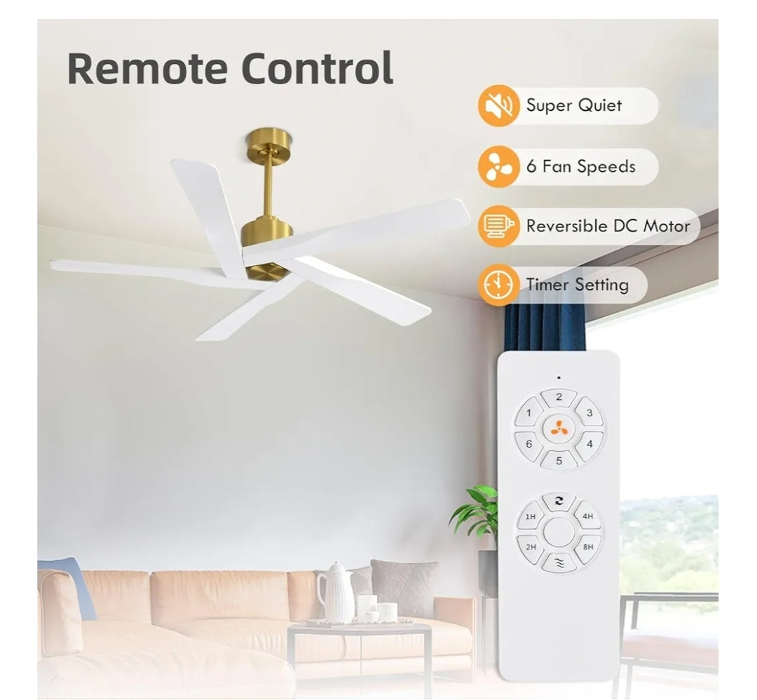 WINGBO 64" ABS DC Ceiling Fan No Light, 5 Blade ABS Plastic Ceiling Fan with Remote, 6-Speed Reversible DC Motor, Ceiling Fans without Light for Kitchen Bedroom Living Room, Brass and White