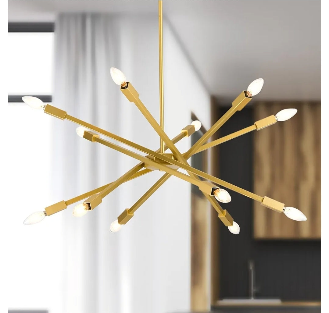 Modern Sputnik Chandeliers Ceiling Light Fixtures, Industrial Metal Farmhouse Chandelier Over Table, Mid-Century 12-Light Adjustable Height Chandeliers for Dining Living Room, Kitchen Island, Golden