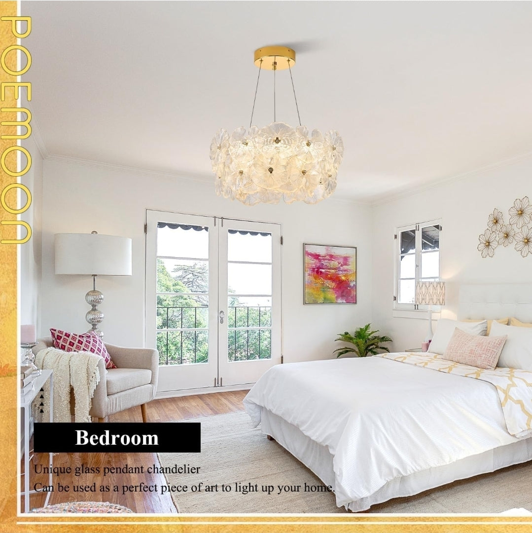 Modern Gold Glass LED Chandelier 20" Elegant Lotus Leaf Dimmable Ceiling Chandeliers with Remote Control Luxury for Foyer Entryway Living Dining Room(3000K-6500K)