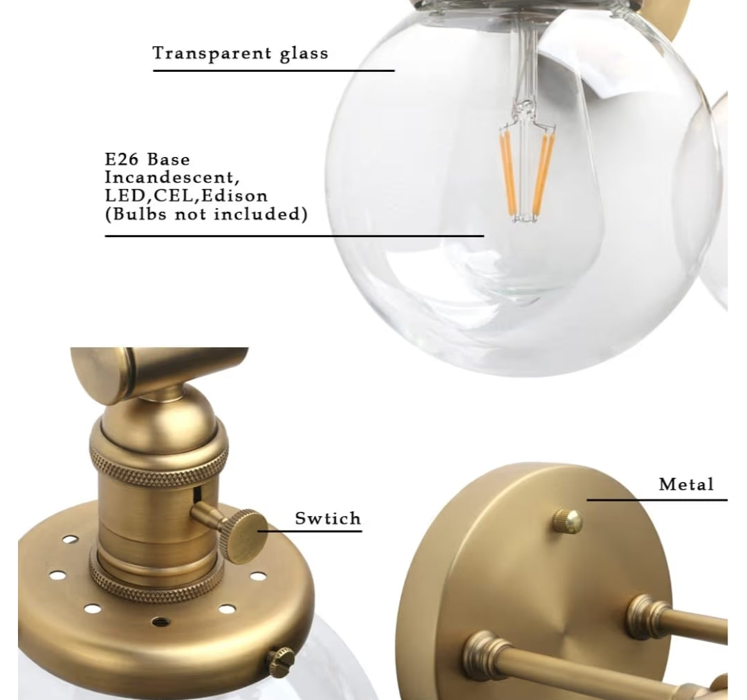 Phansthy Three Light Indoor Wall Fixture Bathroom Vanity Lighting with 5.6 Inches Globe Clear Glass Lamp Shade, Antique