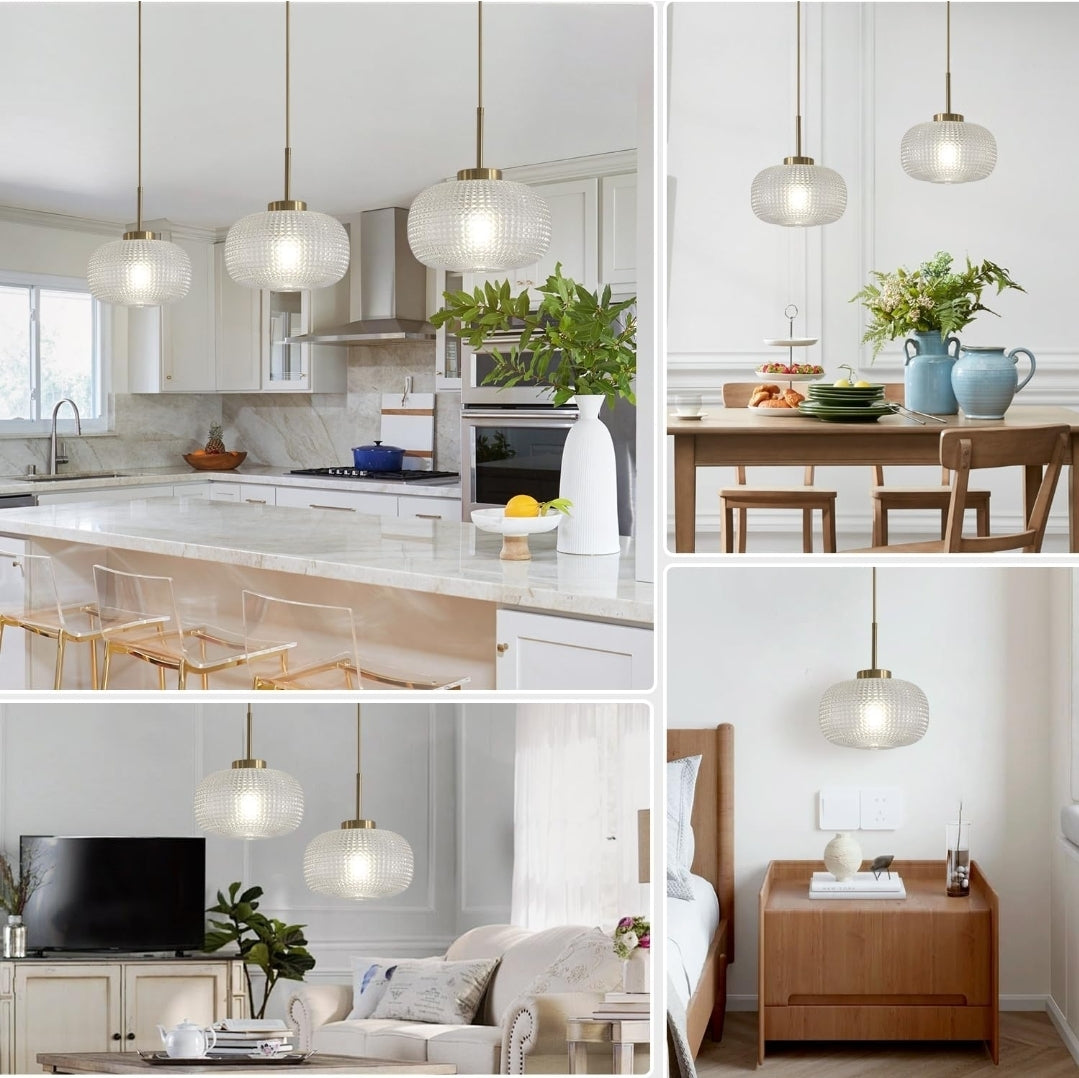 Clear Glass Pendant Lights Mid Century Modern Pendant Light Fixtures Brushed Gold Hanging Light Vintage Antique Brass Round Pendant Lighting for Bedroom Kitchen Island