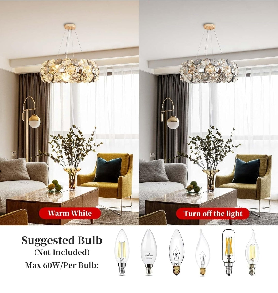 Crystal Chandelier, 12-Lights 24 Inch Gold Modern Round Pendant Lights, Hexagonal Crystals Surrounding Chrome Metal Ceiling Light Fixture, Chandeliers for Dining Room Bedroom Living Room