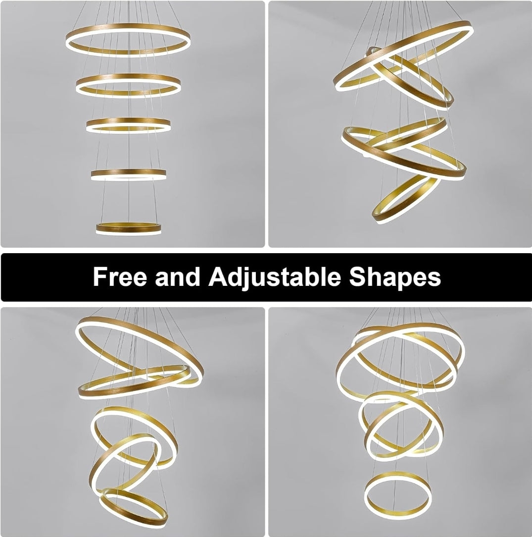 5-Rings Modern LED Chandelier Gold Dimmable High Ceiling Chandelier for Dining Room with Remote Control for Foyer Living Room Entryway Staircase(D23.6’’, 3000K-6500K)