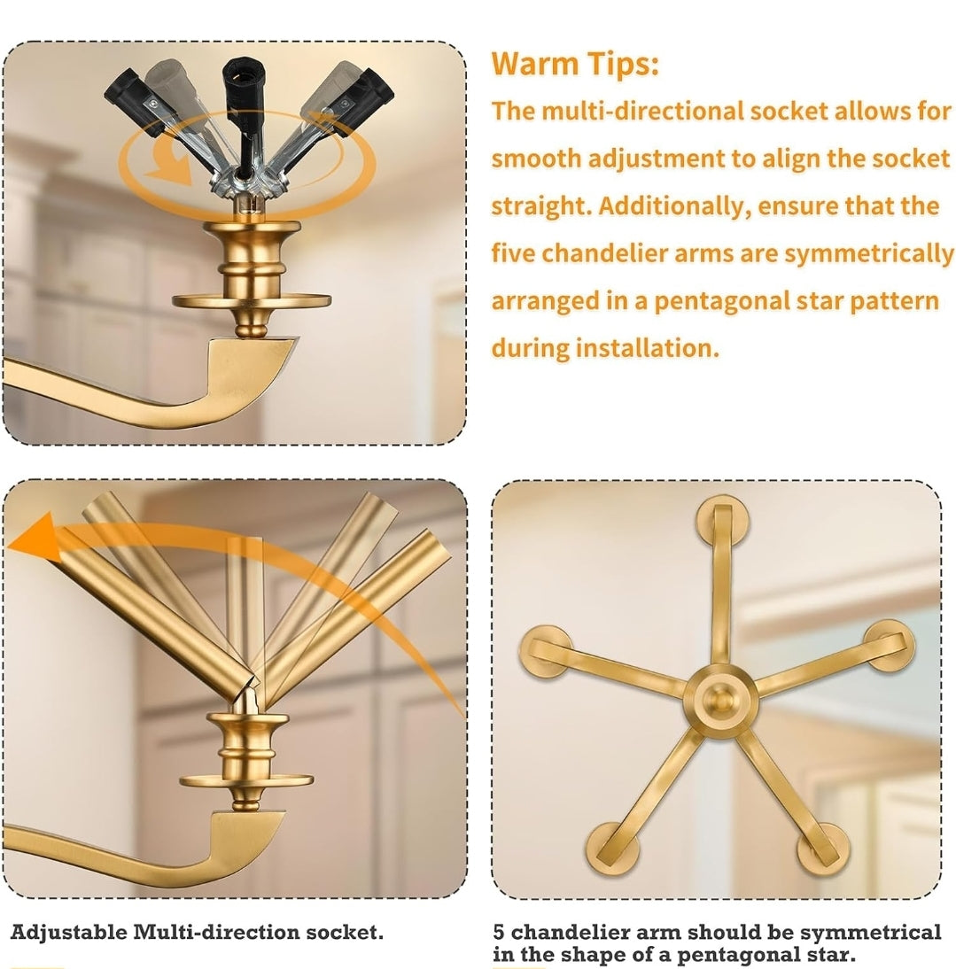 Gold Chandeliers for Dining Room, 25.5 Inch Vintage Gold Chandelier Light Fixture Over Table, Farmhouse Candle Chandeliers, 5-Light Brass Chandeliers for Kitchen, Bedroom, Living Room (E12 Base)