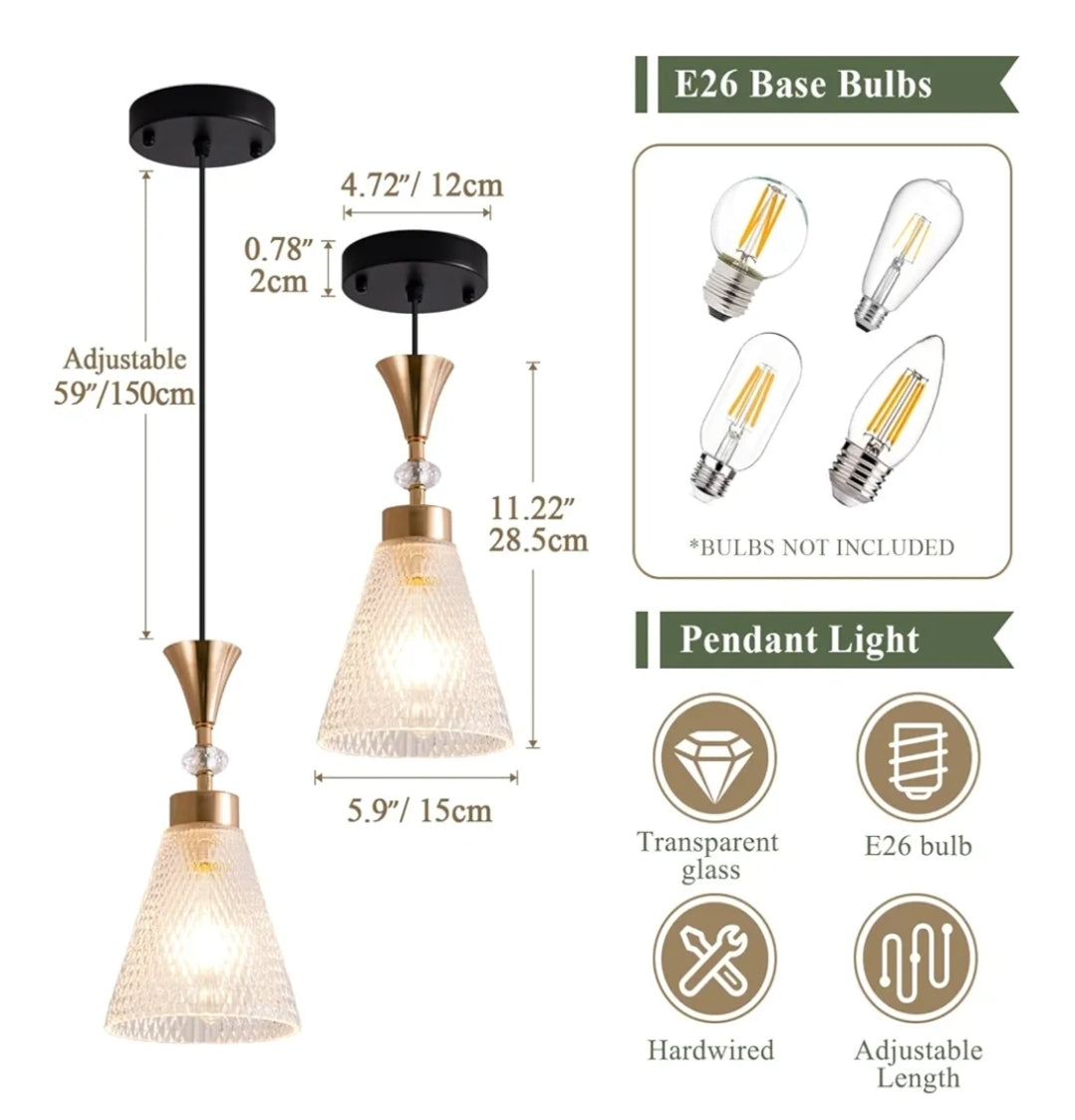 Industrial Pendant Light Fixture, Modern Clear Glass Crystals Shade Pendant Lighting Adjustable Cord for Kitchen Island Dining Room Sink, Black and Gold, 3 Packs