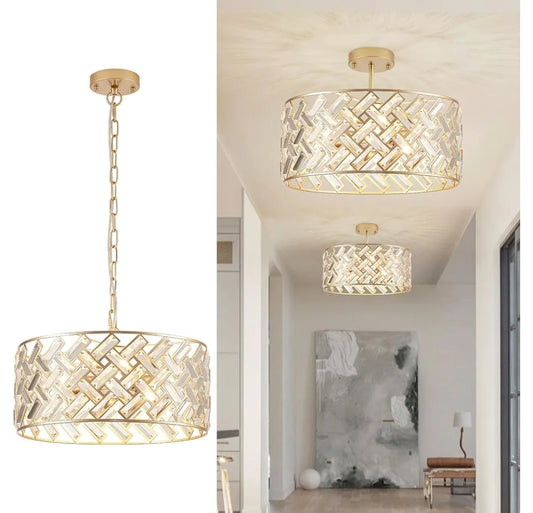 Gold Crystal Chandelier Modern 18" Round Semi Flush Mount Ceiling Light for Dining Living Room Bedroom & Foyer - Large Round Pendant Fixture