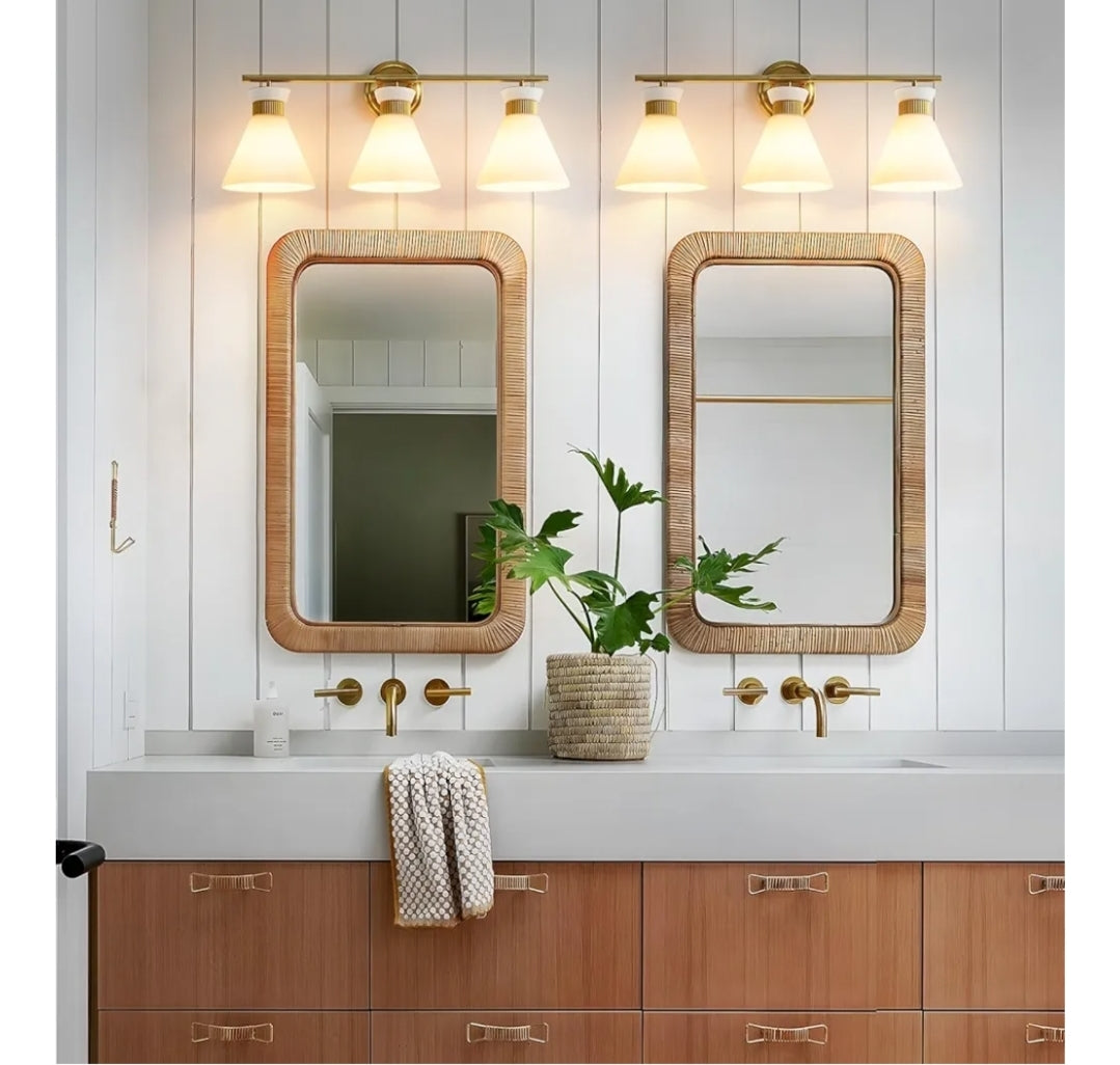 WOSHITU Bathroom Vanity Light Fixtures: 3-Lights Mid Century Modern Vanity Lights for Bathroom Over Mirror, Brushed Gold Wall Sconce Lighting with Frosted Milky Glass Shade for Bath Living Room