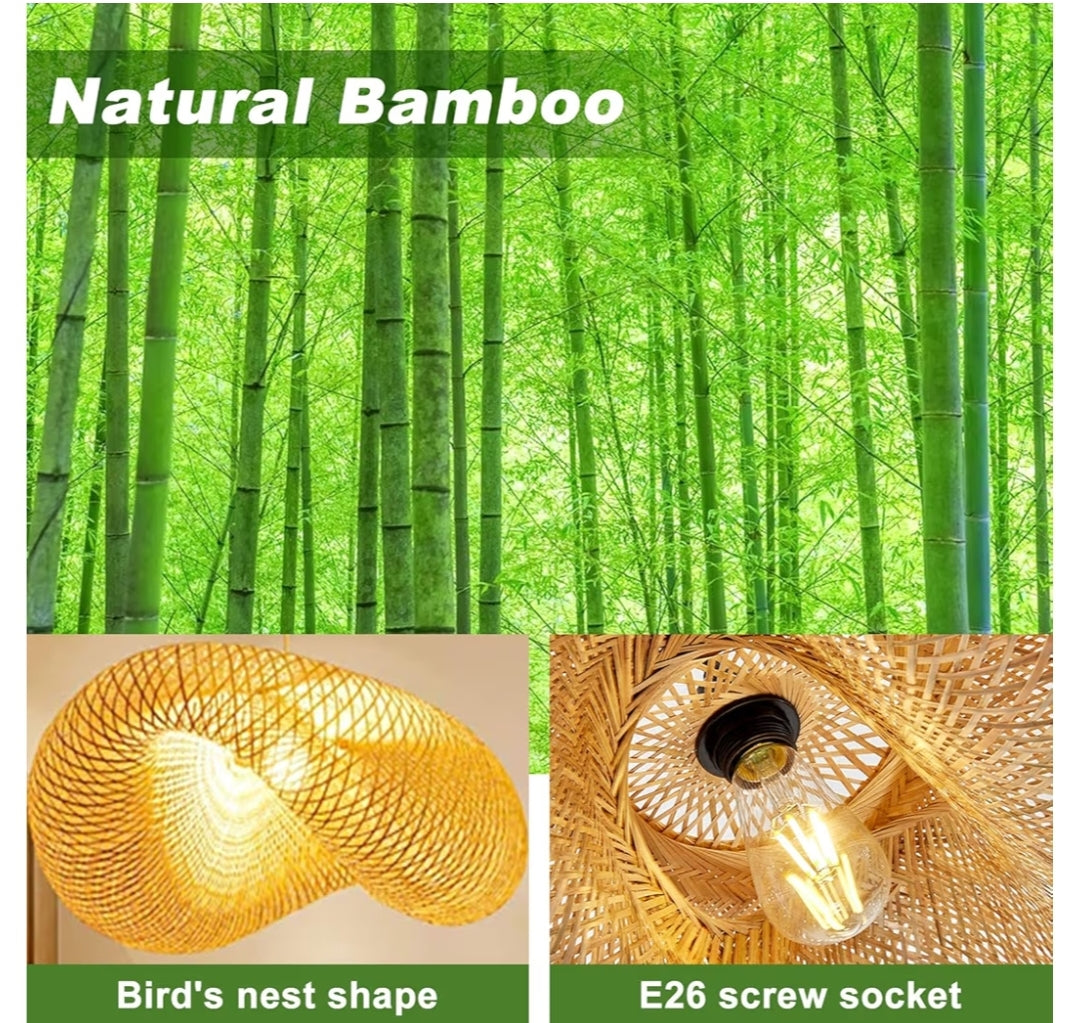 Farmhouse Bamboo Pendant Light Fixtures, Bird's Nest Shape Rattan Chandelier for Kitchen Island, Adjustable Ceiling Mount Hanging Lamp for Living Room, Dining Room, Bedroom, Entryway Decor