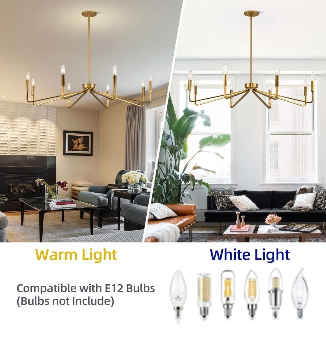 38" Gold Chandeliers for Dining Room, 8-Light Modern Farmhouse Chandelier Light Fixture, Brushed Brass Industrial Candle Lighting Hanging Ceiling for Living Room Bar Kitchen Island Lights