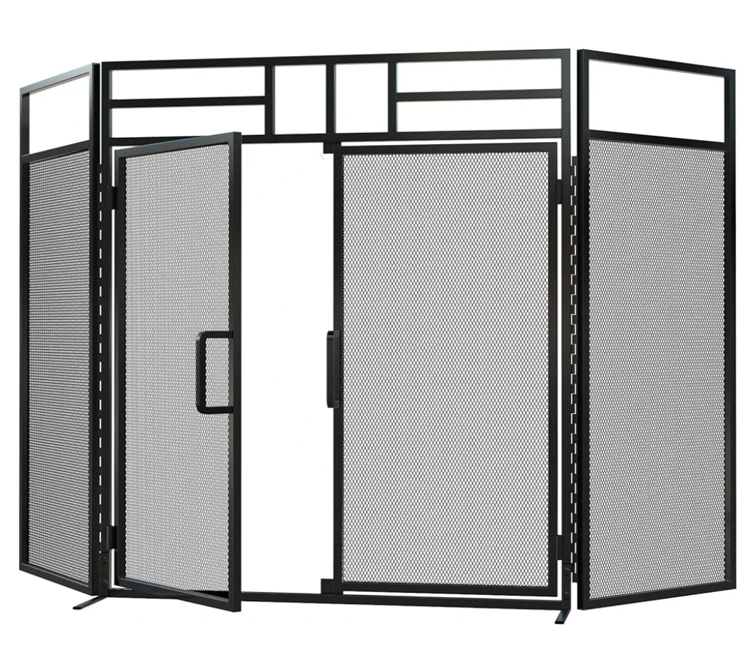 Fire Beauty 3-Panel Folding Fireplace Screen with Magnetic Hinged Doors, Solid Wrought Iron Panels Fire Spark Guard