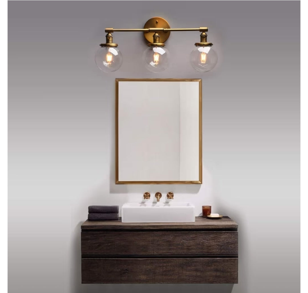 Phansthy Three Light Indoor Wall Fixture Bathroom Vanity Lighting with 5.6 Inches Globe Clear Glass Lamp Shade, Antique