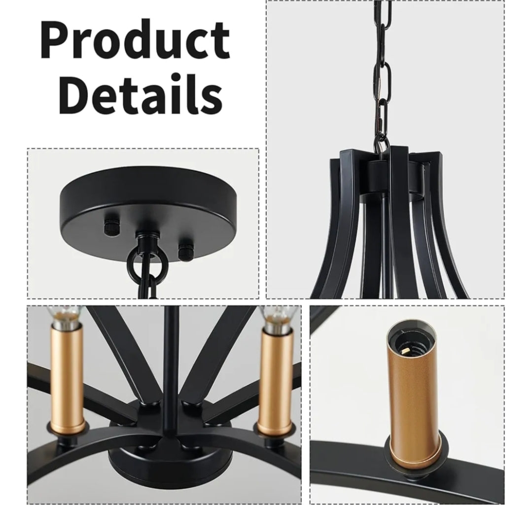 Black Chandelier Light Fixture, 6-Light Dining Room Chandelier Modern Farmhouse Black and Gold Pendant Light Fixture, Large Chandeliers for Living Room Kitchen Bedroom Foyer Entryway