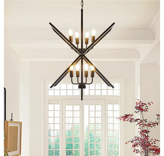 Black Chandelier, 8-Light Industrial Farmhouse Ceiling Pendant Light Fixtures, Modern Foyer Lighting Fixtures, Large Chandeliers for High Ceilings, Pendant Lights Kitchen Island for Staircase,Entryway