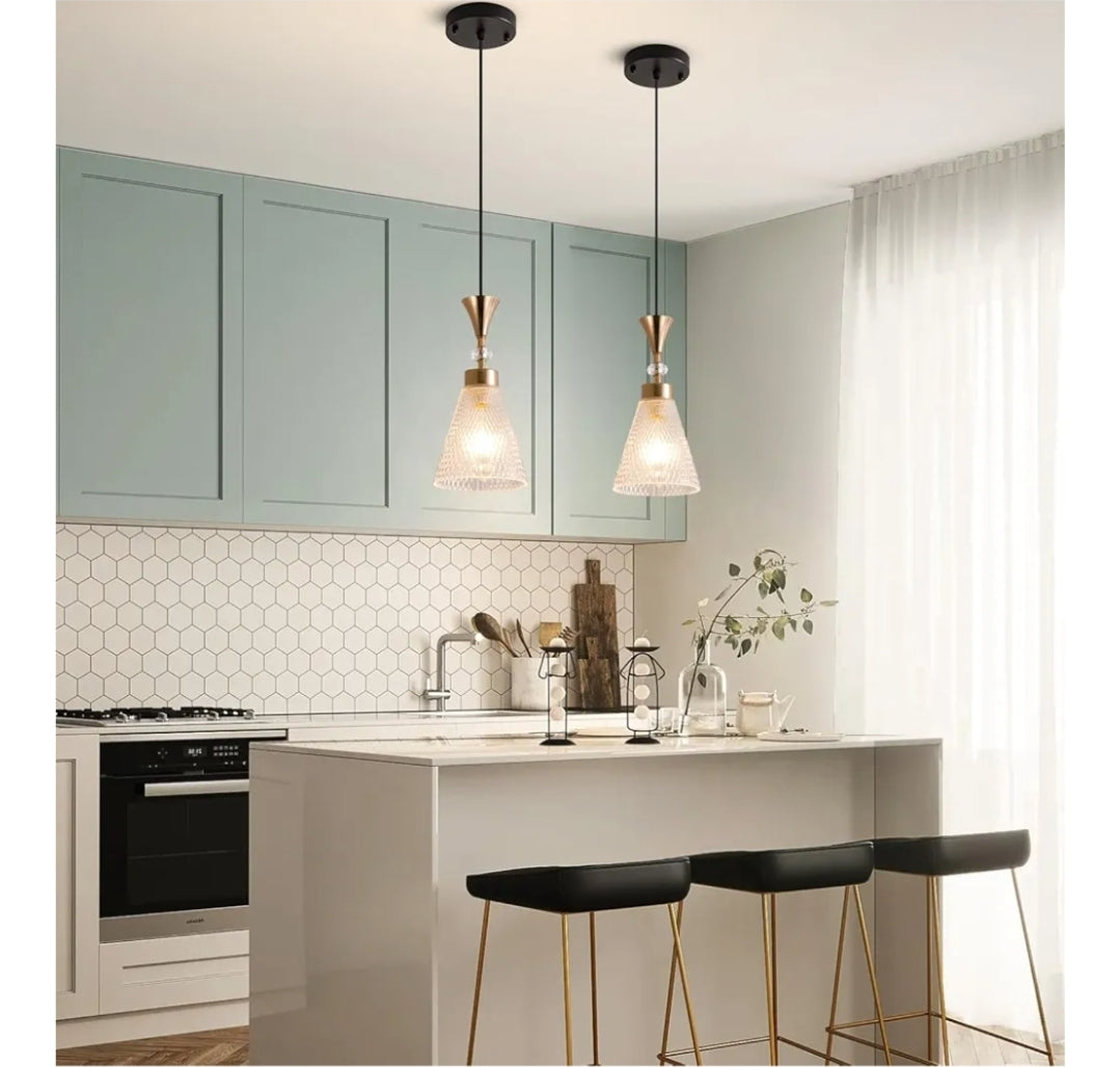 Industrial Pendant Light Fixture, Modern Clear Glass Crystals Shade Pendant Lighting Adjustable Cord for Kitchen Island Dining Room Sink, Black and Gold, 3 Packs