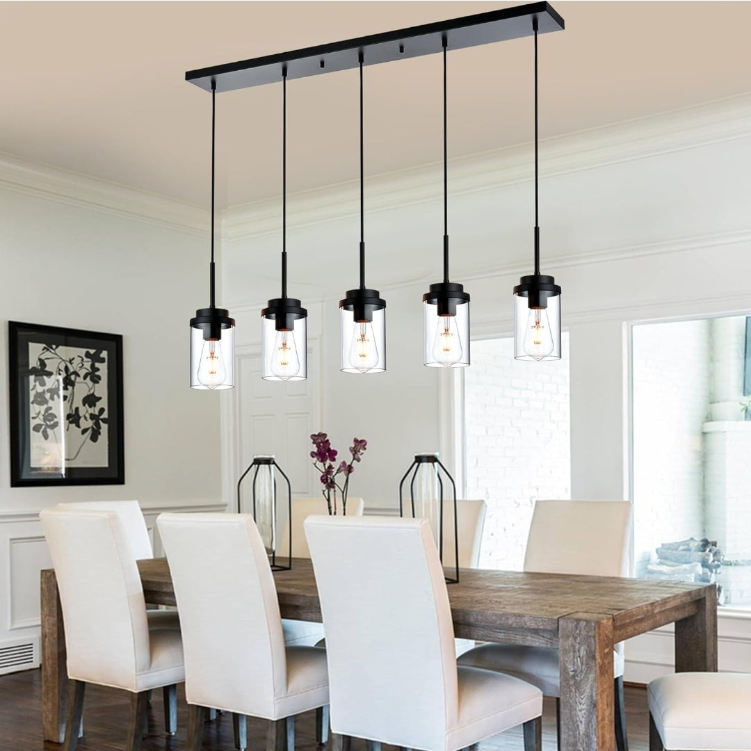BONLICHT Farmhouse Chandelier for Dining Room, Modern Industrial Foyer Linear Pendant Light Traditional Black Kitchen Island Lighting Fixture Hanging Ceiling Lights with Clear Glass Shade