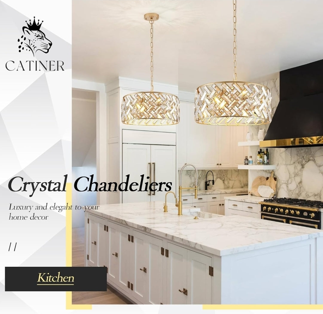 Gold Crystal Chandelier Modern 18" Round Semi Flush Mount Ceiling Light for Dining Living Room Bedroom & Foyer - Large Round Pendant Fixture