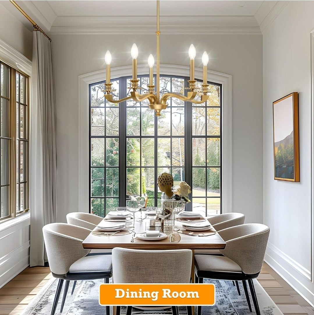 Gold Chandeliers for Dining Room, 25.5 Inch Vintage Gold Chandelier Light Fixture Over Table, Farmhouse Candle Chandeliers, 5-Light Brass Chandeliers for Kitchen, Bedroom, Living Room (E12 Base)