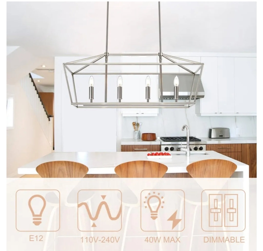 4-Lights Brushed Nickel Farmhouse Chandelier, Dining Room Pendant Lighting Fixtures Adjustable Height, Kitchen Island Light Ceiling Mount E12 Socket