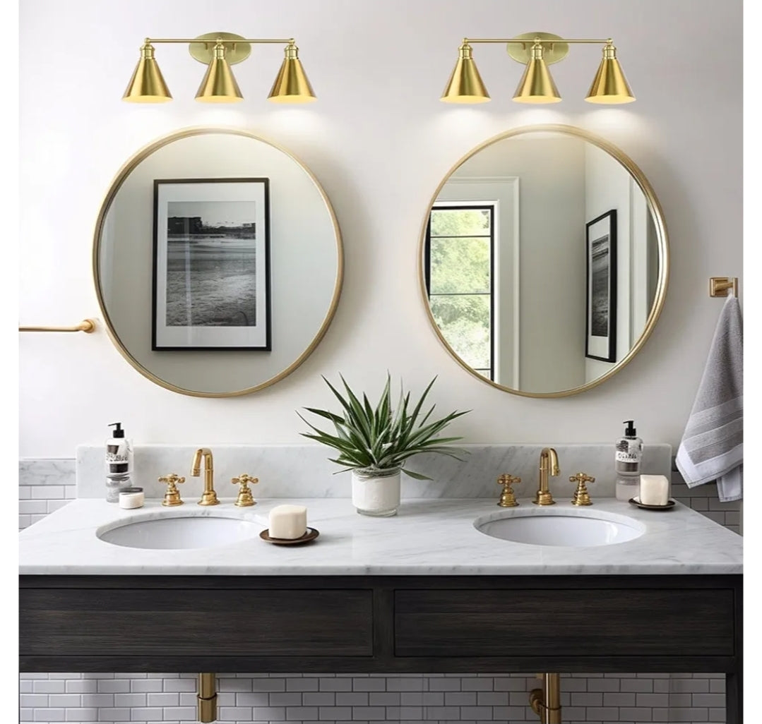 Kalium Bathroom Light Fixtures, 3 Light Mid Century Modern Bathroom Lighting Fixtures Over Mirror, 24 Inch ‎Gold Bathroom Vanity Light, Anti-Rust Vanity Lights for Bathroom Shower Toilet E26 Bulbs