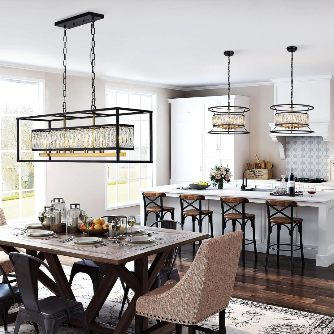 Black Crystal Chandelier for Dining Room 6-Light Rectangle Modern Farmhouse Lighting Linear Contemporary Kitchen Island Pendant Light with Adjustable Chain L35 (UL Certified)