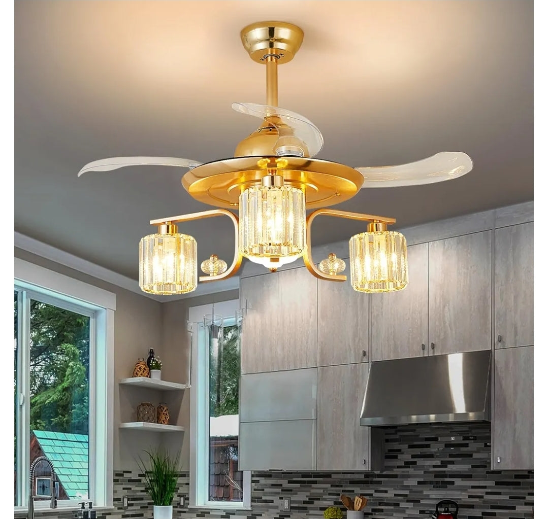 48" Retractable Ceiling Fan with Lights: Modern 3-Light Chandelier Ceiling Light Fan with Crystal Lantern Shade for Bedroom Kitchen - Gold Crystal Fandelier Fan with Remote for Living Room