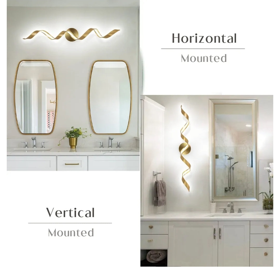 Dimmable Modern LED Bathroom Vanity Light 32 inch, 20W Spiral Design Gold Wall Light Fixtures for Bathroom, Living Room and Hallway, 6000K White Light