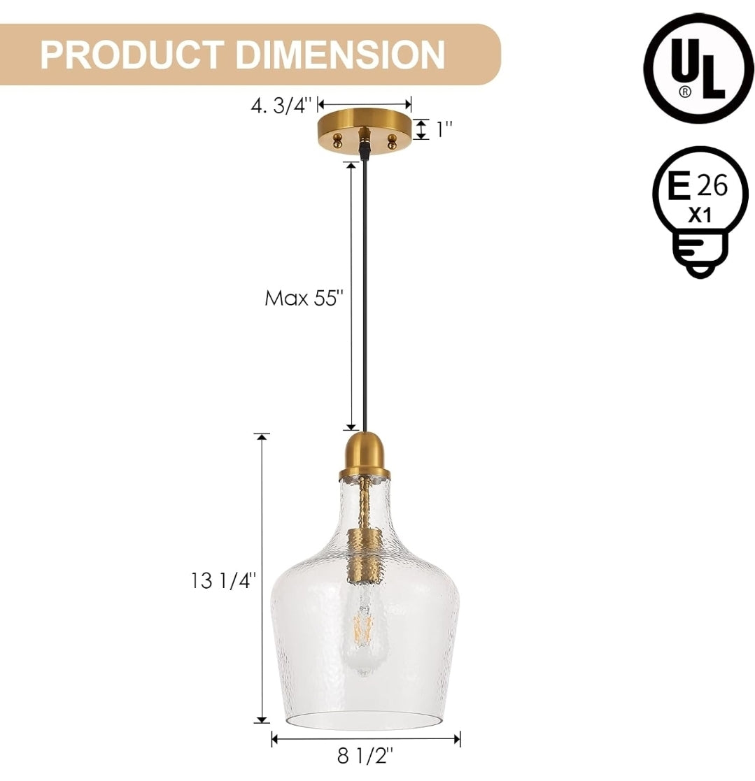 Glass Pendant Light Modern Brass 1 Light Single Dome Pendant Lighting Fixtures for Kitchen Island Dining Room Hallway, Dia 9 Inch, E26, UL Listed