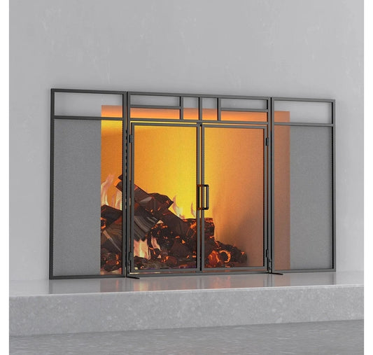 Fire Beauty 3-Panel Folding Fireplace Screen with Magnetic Hinged Doors, Solid Wrought Iron Panels Fire Spark Guard