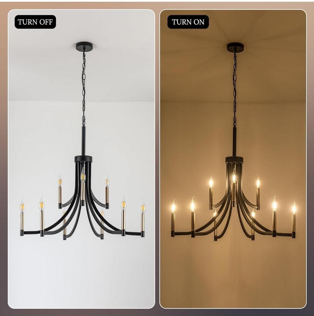 9-Light Modern Chandelier Black and Gold Chandeliers Farmhouse Pendant Light Fixture Candle Chandelier for Dining Room Living Room Entryway Foyer Kitchen