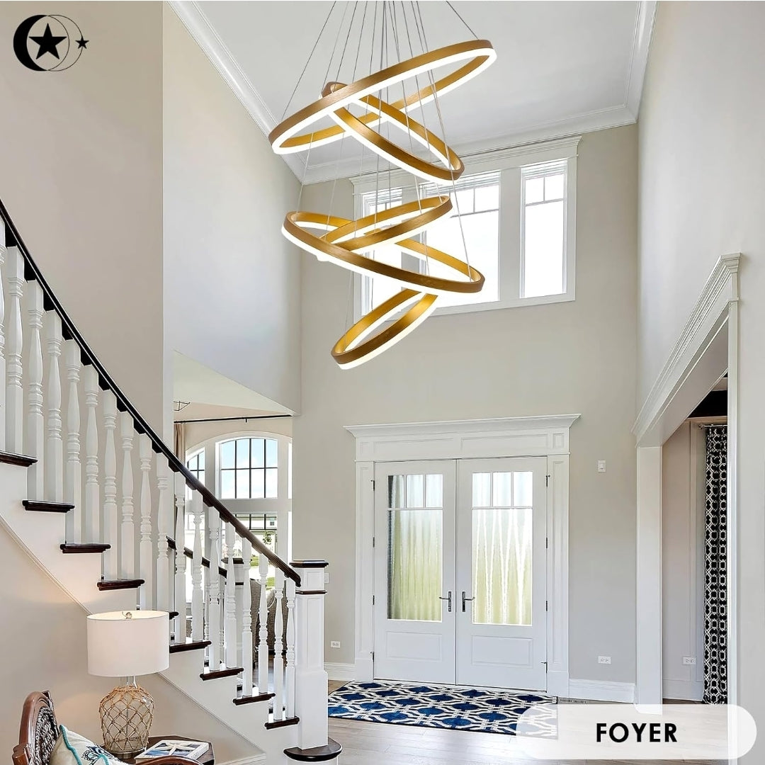 5-Rings Modern LED Chandelier Gold Dimmable High Ceiling Chandelier for Dining Room with Remote Control for Foyer Living Room Entryway Staircase(D23.6’’, 3000K-6500K)