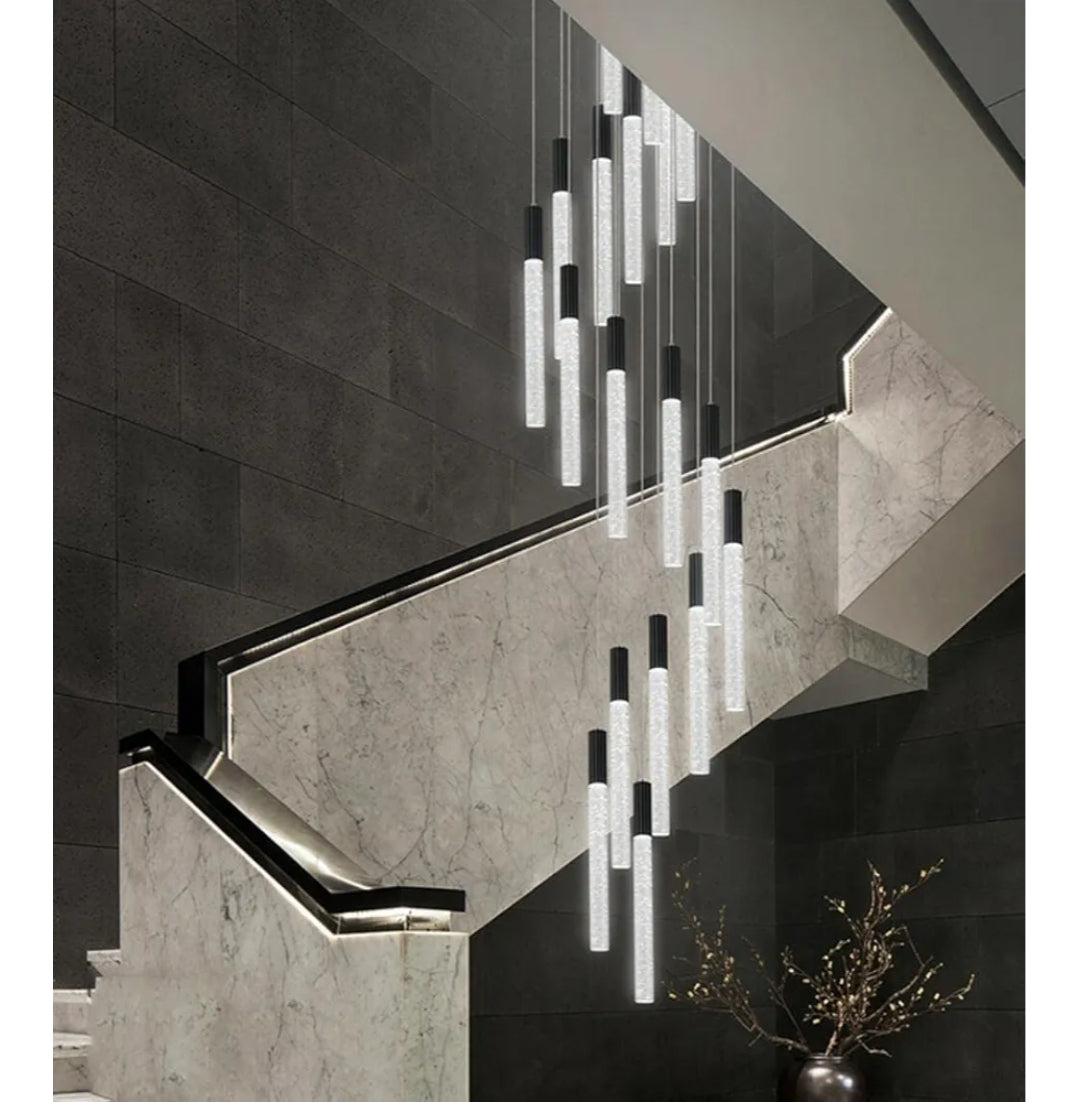 118" High Ceiling Chandelier Linear Crystal Pendants, Remote Dimmable, Compatible Sloped Ceilings, 12-Light Matte Black, 60 Watts LED, 4800 Lumens