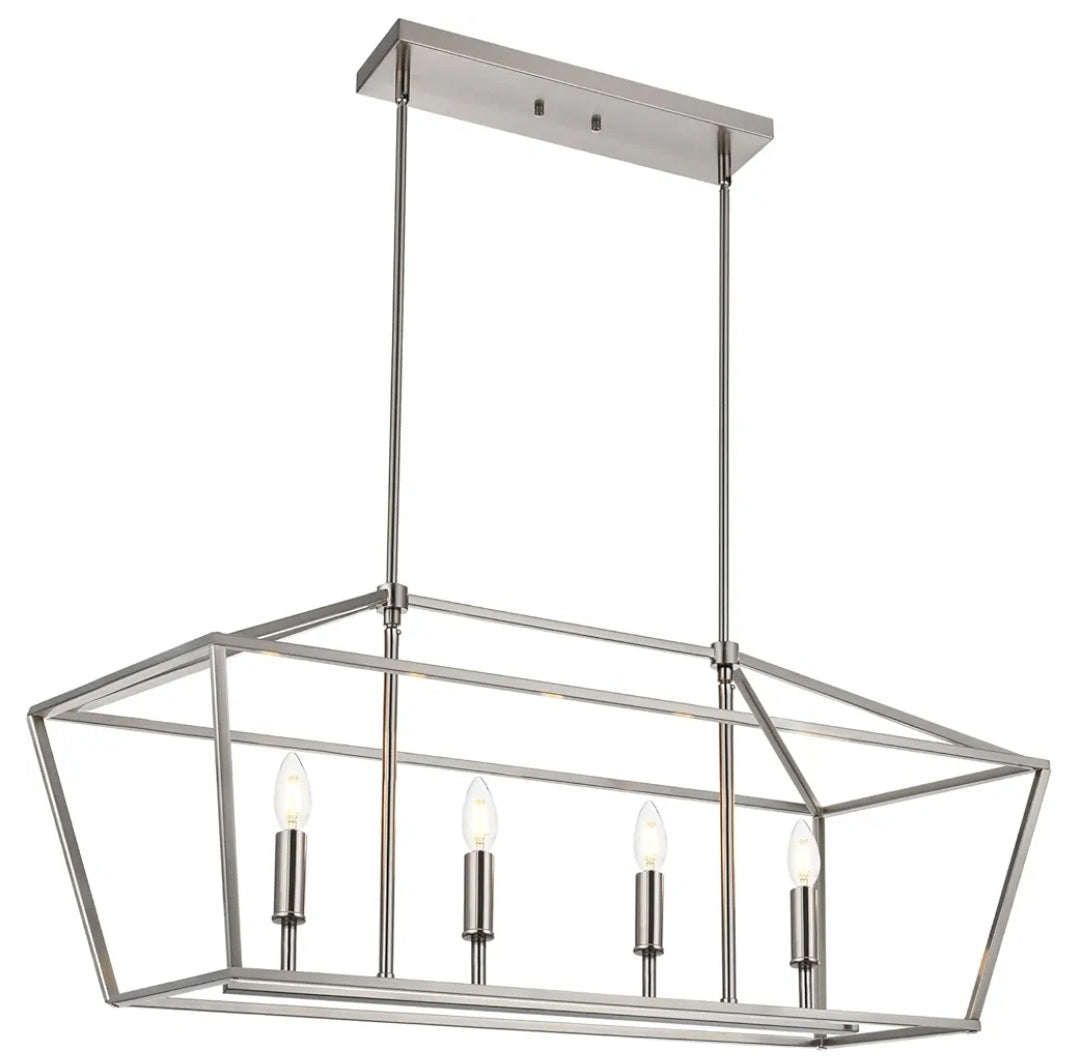 4-Lights Brushed Nickel Farmhouse Chandelier, Dining Room Pendant Lighting Fixtures Adjustable Height, Kitchen Island Light Ceiling Mount E12 Socket
