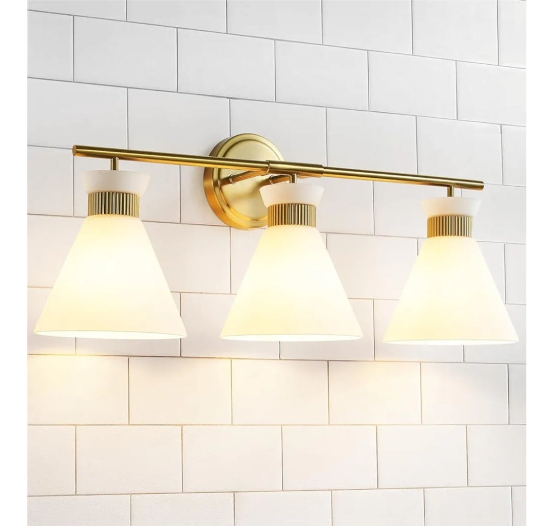 WOSHITU Bathroom Vanity Light Fixtures: 3-Lights Mid Century Modern Vanity Lights for Bathroom Over Mirror, Brushed Gold Wall Sconce Lighting with Frosted Milky Glass Shade for Bath Living Room