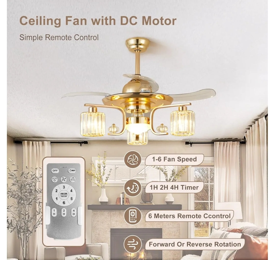 48" Retractable Ceiling Fan with Lights: Modern 3-Light Chandelier Ceiling Light Fan with Crystal Lantern Shade for Bedroom Kitchen - Gold Crystal Fandelier Fan with Remote for Living Room