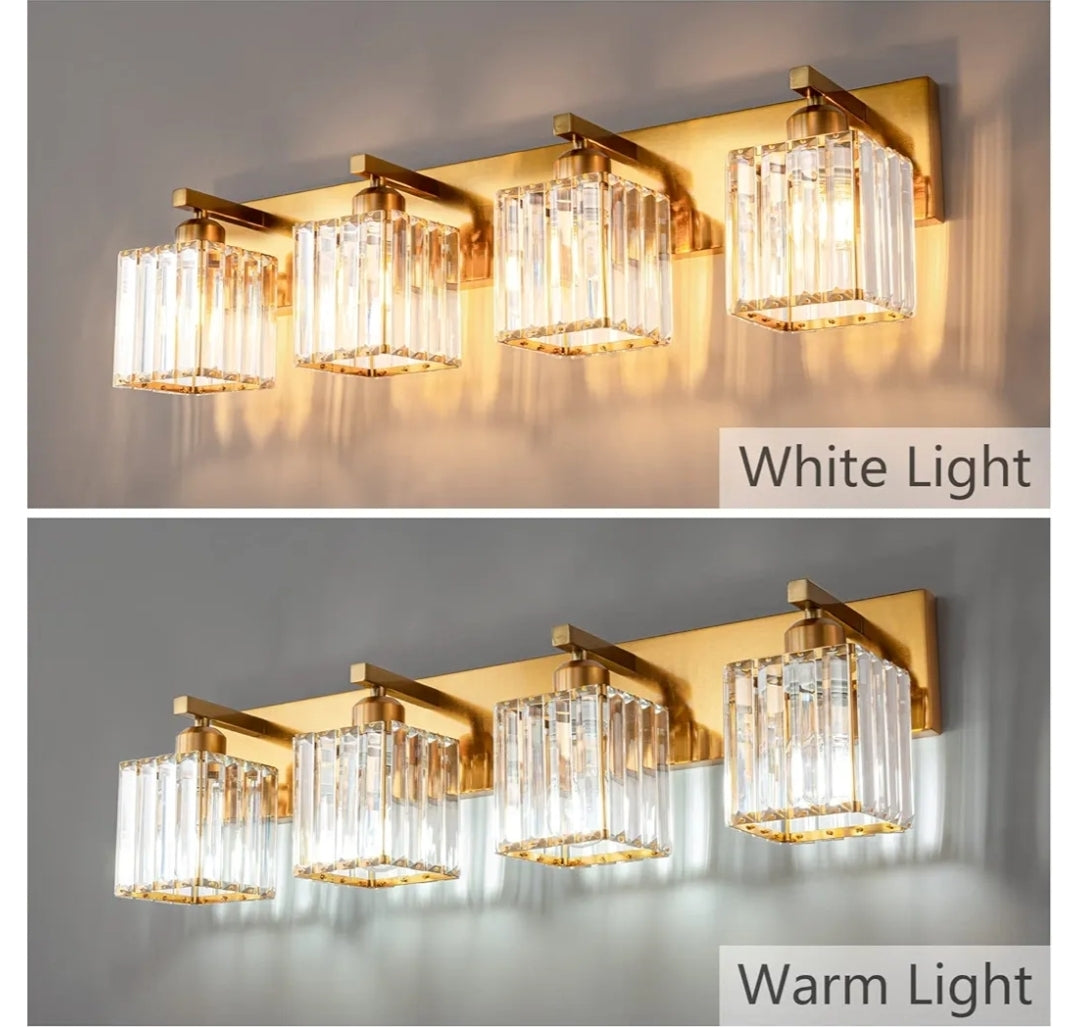 Modern 4-Light Gold Brushed Brass Finish Crystal Bathroom Vanity Light Fixtures