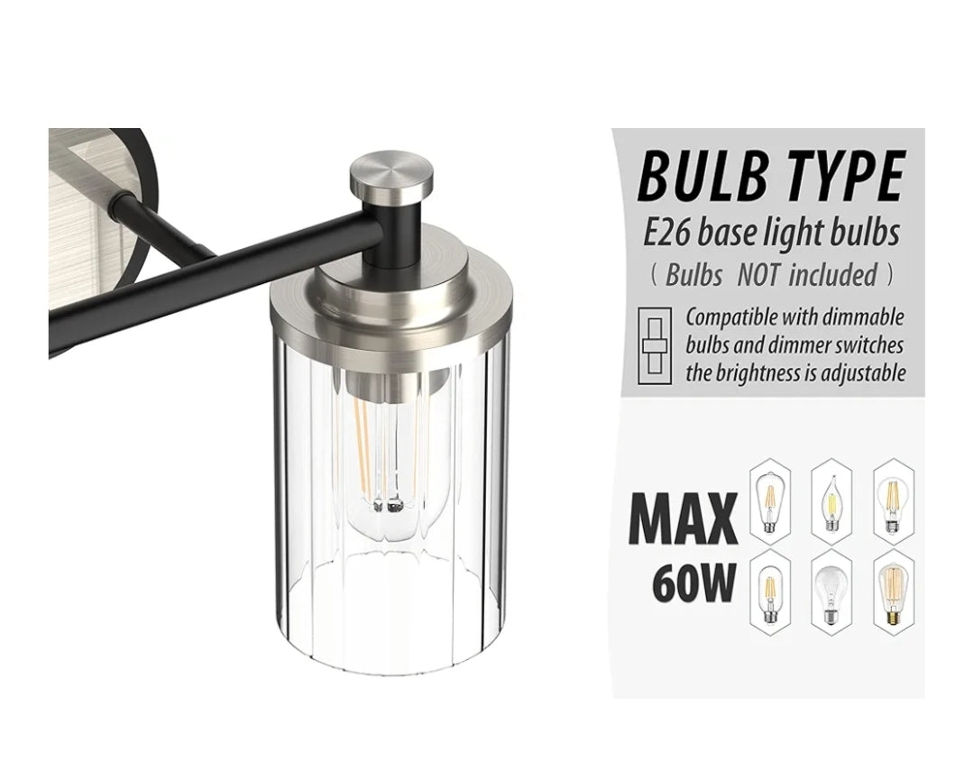 Bathroom Lighting Fixtures Black and Brushed Nickel Bathroom Vanity Light with Cylindrical Clear Stripes Glass Lampshade E26 Socket Base Bathroom Lighting Fixtures Over Mirror (4 Lights)