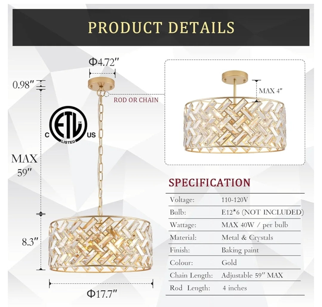 Gold Crystal Chandelier Modern 18" Round Semi Flush Mount Ceiling Light for Dining Living Room Bedroom & Foyer - Large Round Pendant Fixture