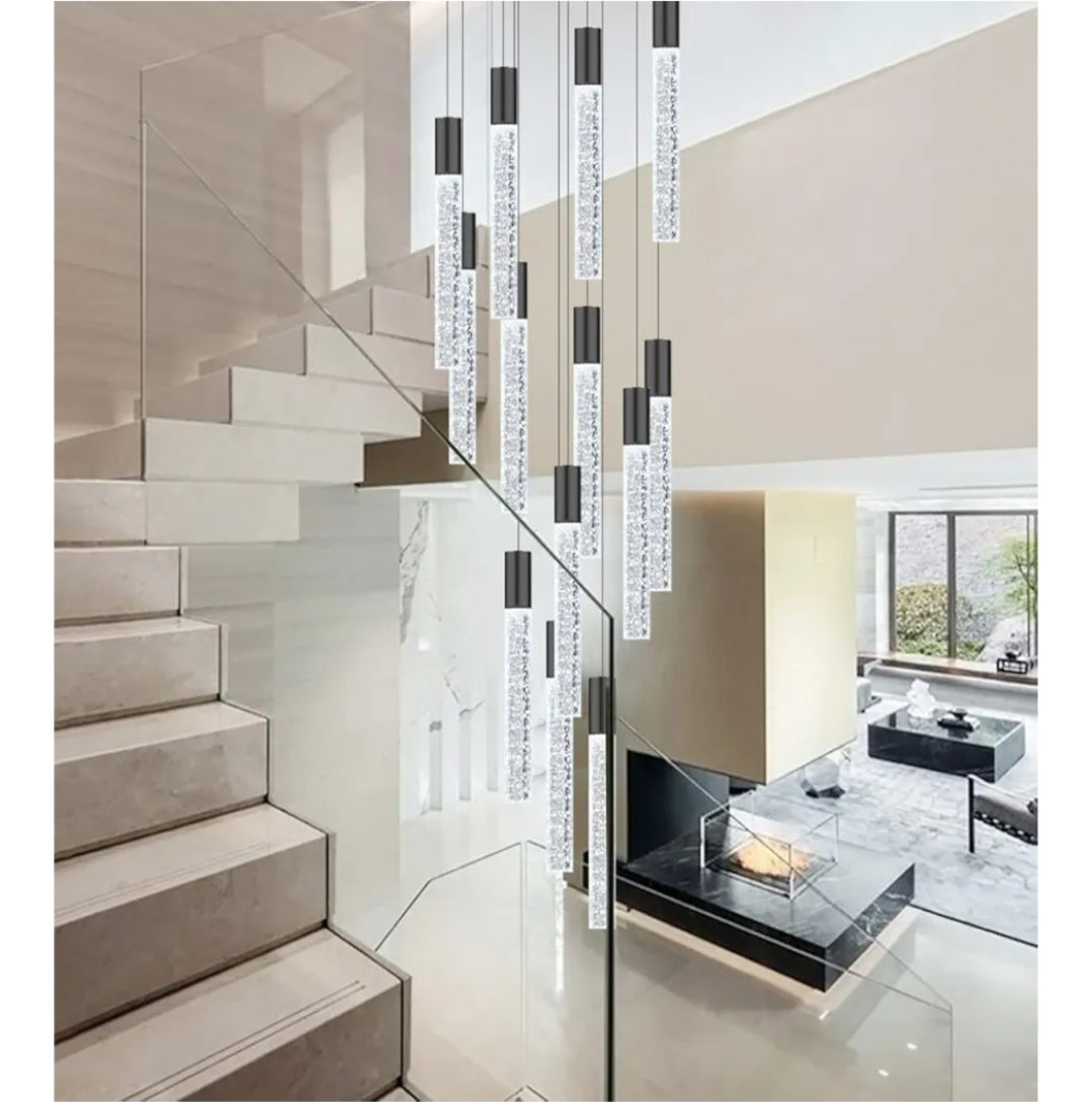 118" High Ceiling Chandelier Linear Crystal Pendants, Remote Dimmable, Compatible Sloped Ceilings, 12-Light Matte Black, 60 Watts LED, 4800 Lumens