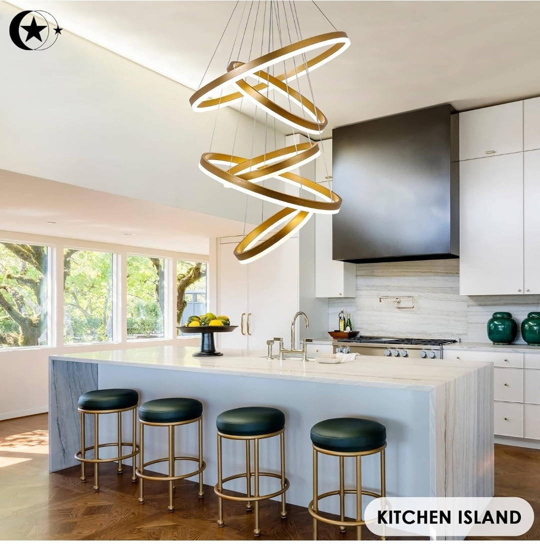 5-Rings Modern LED Chandelier Gold Dimmable High Ceiling Chandelier for Dining Room with Remote Control for Foyer Living Room Entryway Staircase(D23.6’’, 3000K-6500K)