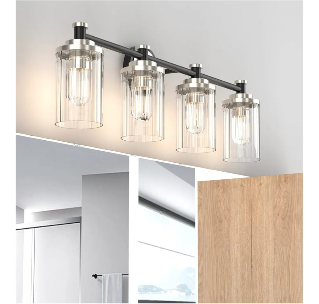 Bathroom Lighting Fixtures Black and Brushed Nickel Bathroom Vanity Light with Cylindrical Clear Stripes Glass Lampshade E26 Socket Base Bathroom Lighting Fixtures Over Mirror (4 Lights)