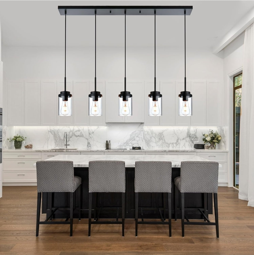 BONLICHT Farmhouse Chandelier for Dining Room, Modern Industrial Foyer Linear Pendant Light Traditional Black Kitchen Island Lighting Fixture Hanging Ceiling Lights with Clear Glass Shade