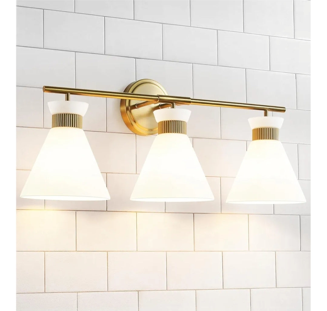 WOSHITU Bathroom Vanity Light Fixtures: 3-Lights Mid Century Modern Vanity Lights for Bathroom Over Mirror, Brushed Gold Wall Sconce Lighting with Frosted Milky Glass Shade for Bath Living Room