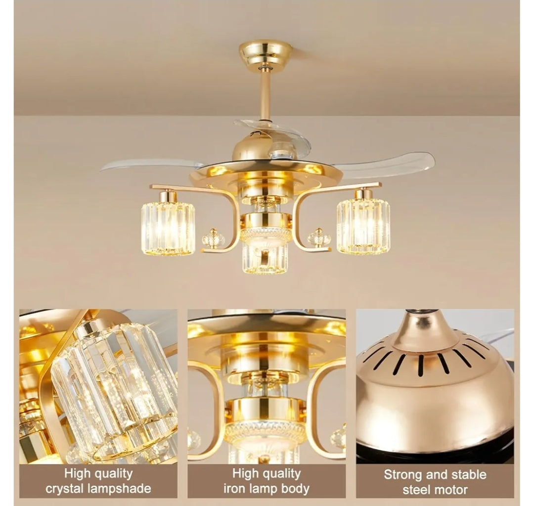 48" Retractable Ceiling Fan with Lights: Modern 3-Light Chandelier Ceiling Light Fan with Crystal Lantern Shade for Bedroom Kitchen - Gold Crystal Fandelier Fan with Remote for Living Room