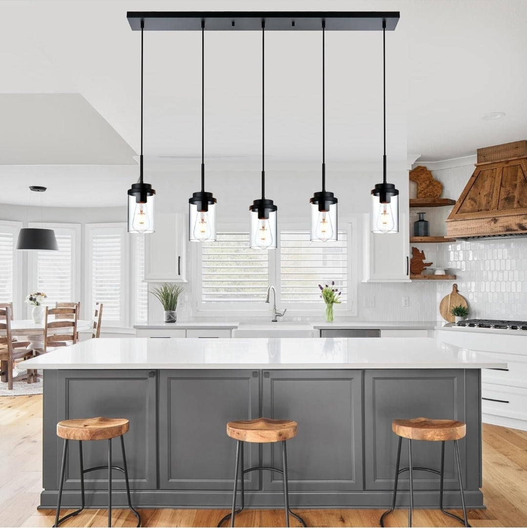 BONLICHT Farmhouse Chandelier for Dining Room, Modern Industrial Foyer Linear Pendant Light Traditional Black Kitchen Island Lighting Fixture Hanging Ceiling Lights with Clear Glass Shade