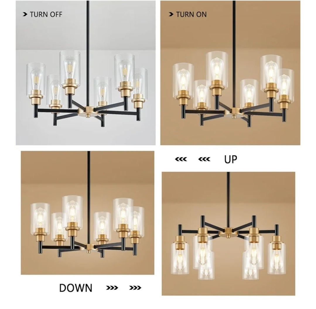 6-Light Modern Chandeliers, Black and Gold Chandelier Light Fixture with Clear Glass Shades, Hanging Pendant Lighting for Dining Room, Living Room, Kitchen, Staircase, Entryway